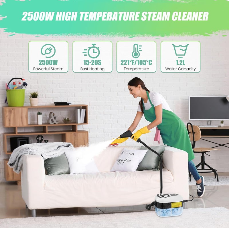 Hombasing 2500W Steam Cleaner for Home & Car, 15s Heat-Up Handheld Steamer for Cleaning, 1.2L Portable High Steam Cleaners, 6-Level Steam Control with 14 pcs Accessories Kit for Car, Floors, Couches, Grout - Image 2